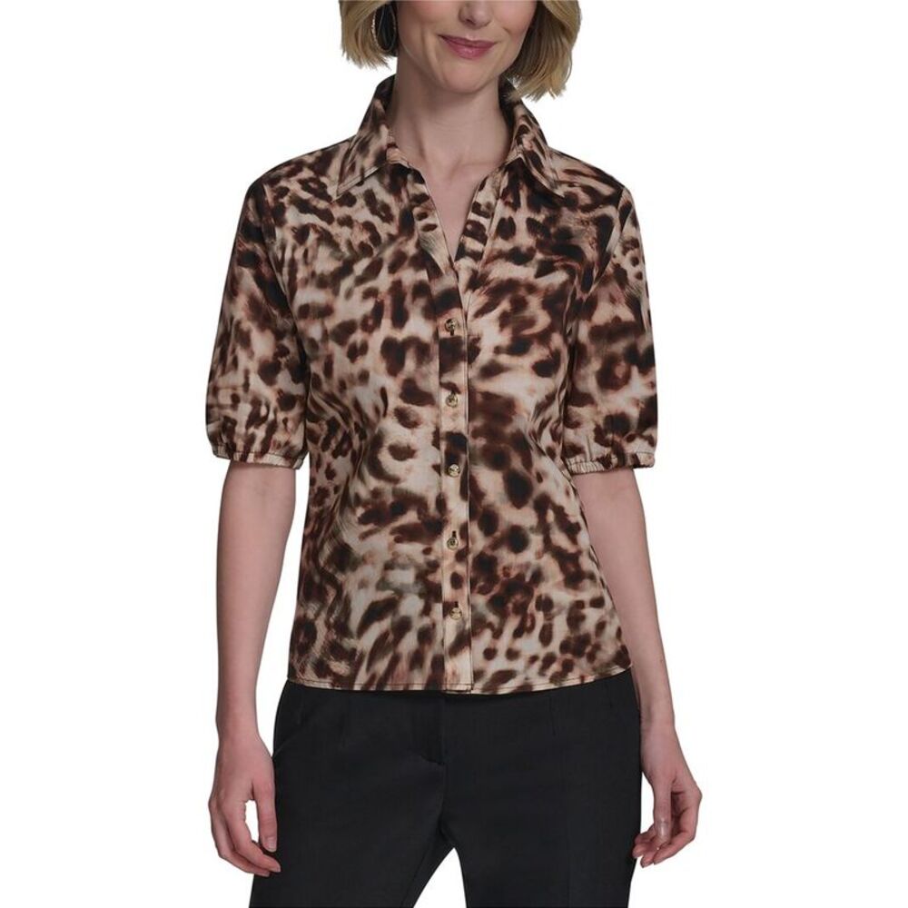 Halston Womens Leopard Printed Short Sleeve Top